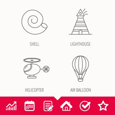 Deniz feneri, hava balon ve helikopter simgeleri.