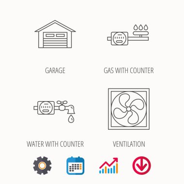 Havalandırma, garaj ve su sayacı simgeleri.