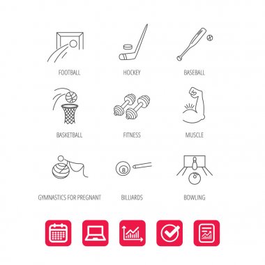 Futbol, buz hokeyi ve fitness spor simgeleri.