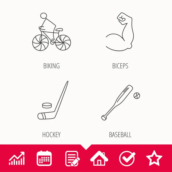 Turystyka rowerowa, ikony biceps i Hokej na lodzie. — Wektor stockowy