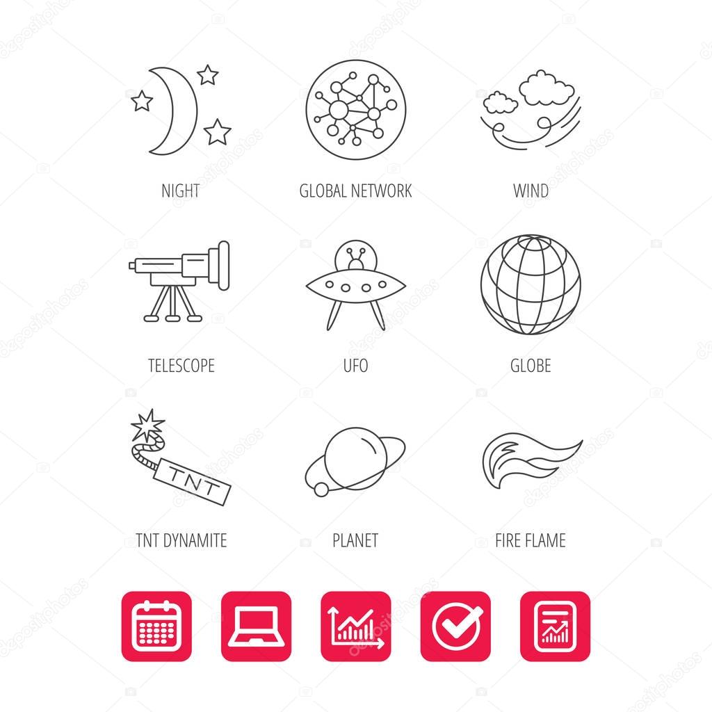 Ufo, planet and telescope icons. World, global network and night linear signs. TNT dynamite, fire flame and wind flat line icons. Report document, Graph chart and Calendar signs. Vector