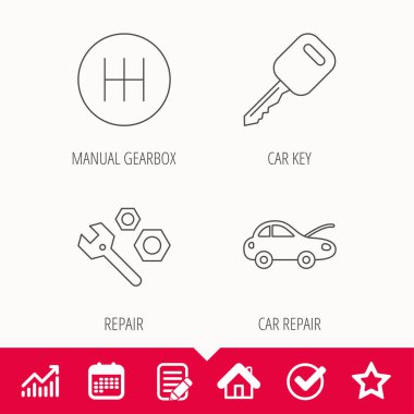 Araba anahtarı, onarım araçları ve manuel şanzıman simgeler.
