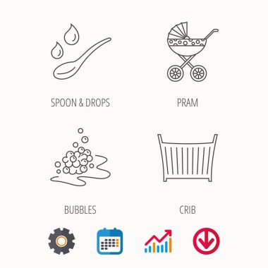 Çocuk arabası taşıma, kaşık ve damla simgeler.