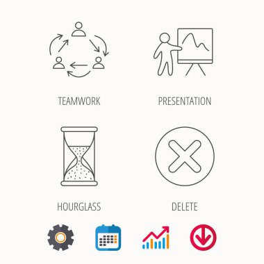 Ekip çalışması, sunum ve kum saati simgeler.