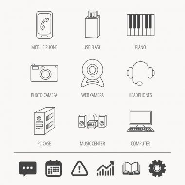 Fotoğraf makinesi, kulaklık ve Usb flash simgeler.