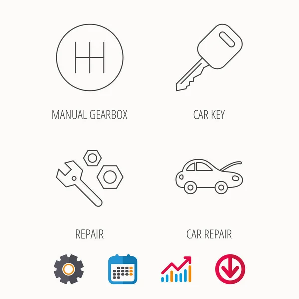 Klíč od vozu, opravy nástrojů a manuální převodovkou ikony. — Stockový vektor