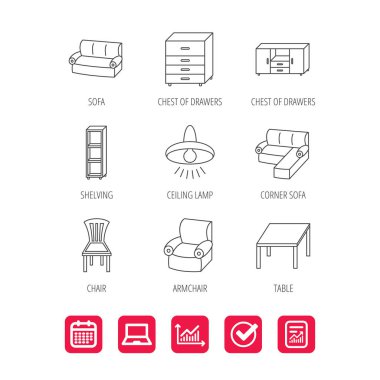 Köşe kanepe, masa ve koltuk simgeler.