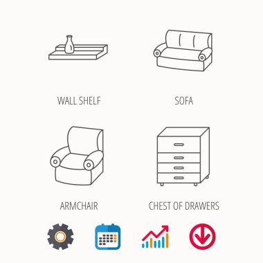 Kanepe, koltuk simgeler ve duvar raf.