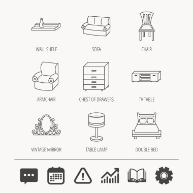 Çift Kişilik Yatak, Masa lambası ve koltuk simgeler.