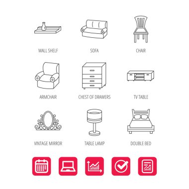 Çift Kişilik Yatak, Masa lambası ve koltuk simgeler.