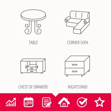 Köşe kanepe, masa ve komidin simgeler.