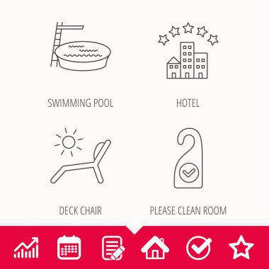 Otel, havuz ve plaj şezlong simgeler.