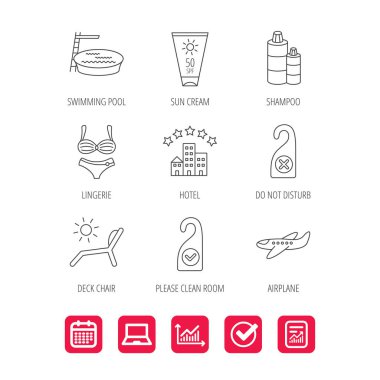 Otel, havuz ve plaj şezlong simgeler.