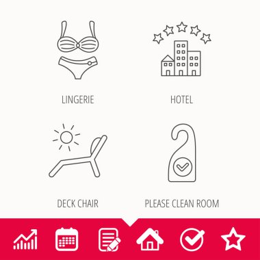 Otel, iç çamaşırı ve plaj şezlong simgeler.