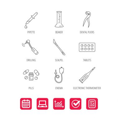 Termometre, hap ve diş pense simgeler.