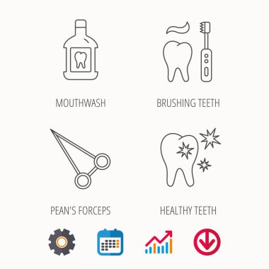 Gargara, sağlıklı dişler ve peans forseps simgeler.