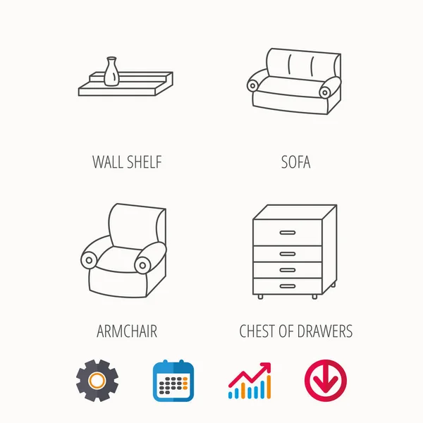 Sofa, półka ścienna i fotel ikony. — Wektor stockowy