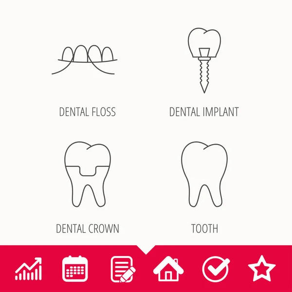 Implantes dentales, hilo dental e iconos dentales . — Vector de stock