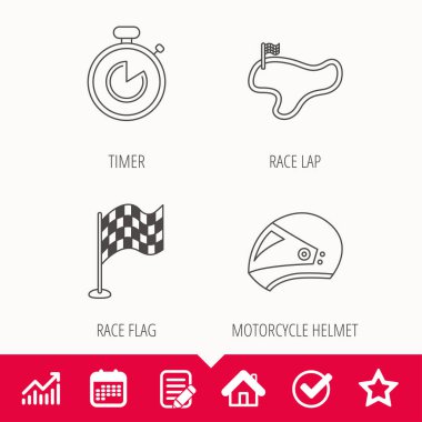 Yarış bayrak, zamanlayıcı ve motosiklet kask simgeleri.