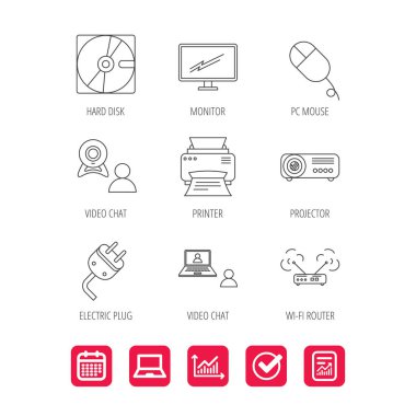 Monitör, yazıcı ve wi-fi yönlendirici simgeler.