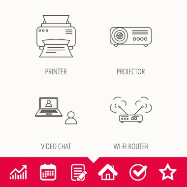 Projektör, yazıcı ve wi-fi yönlendirici simgeler.