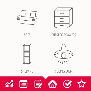 Kanepe, tavan lambası ve raf simgeler.