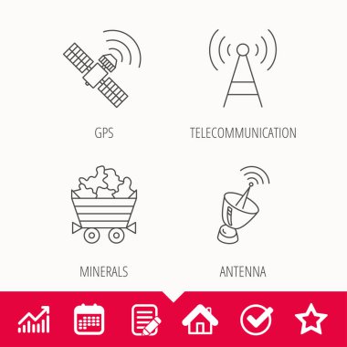 Telekomünikasyon, mineraller ve anten simgeleri.