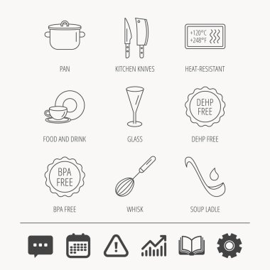 Mutfak bıçakları, cam ve pan simgeleri.