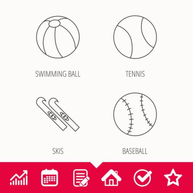 Yüzme top, tenis ve beyzbol simgeleri.