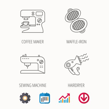 Kahve makinesi, dikiş makinesi ve saç kurutma makinesi simgeler.