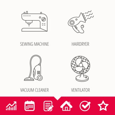Havalandırma, dikiş makinesi ve saç kurutma makinesi simgeler.