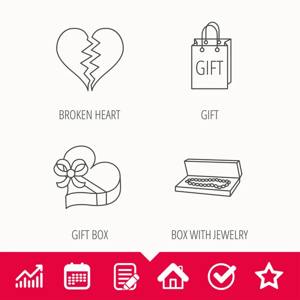 Broken heart, gift box and wedding jewelry icons.