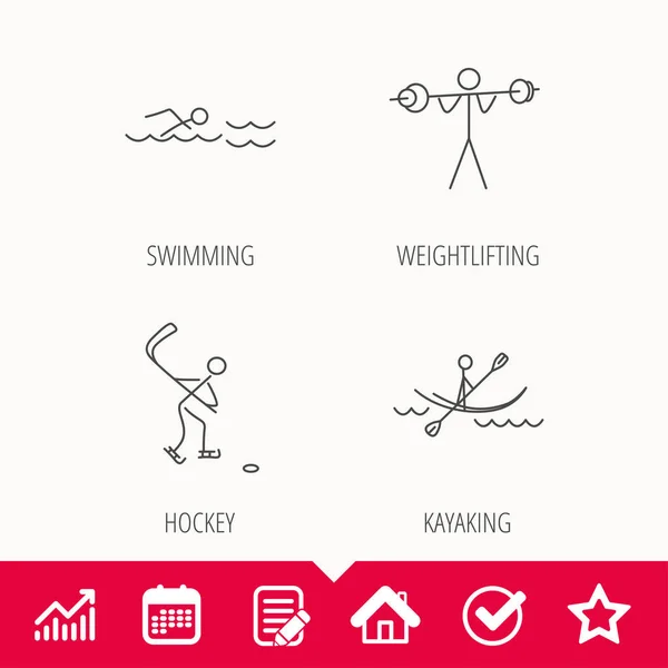 Iconos de natación, hockey y kayak . — Vector de stock