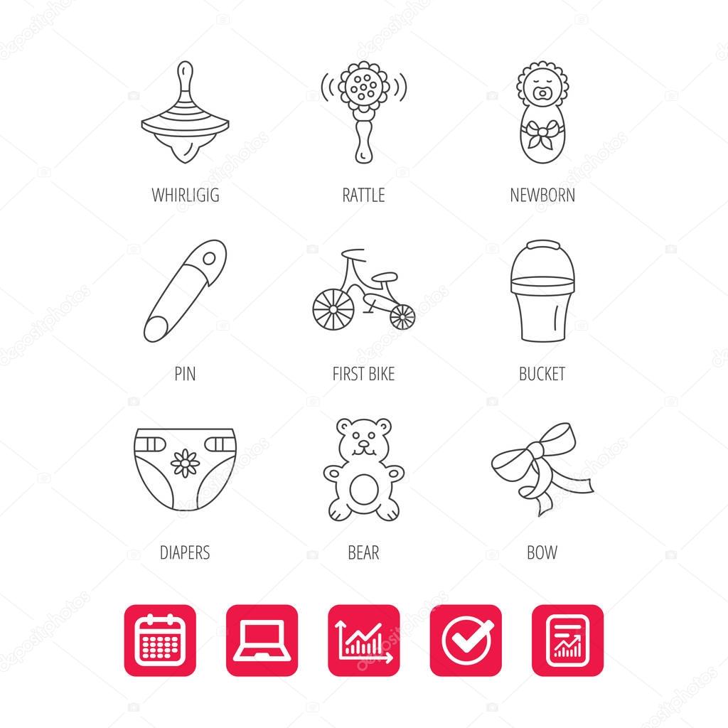 Newborn, diapers and bear toy icons. First bike, bow and pin linear signs. Rattle, whirligig and bucket flat line icons. Report document, Graph chart and Calendar signs. Laptop and Check web icons