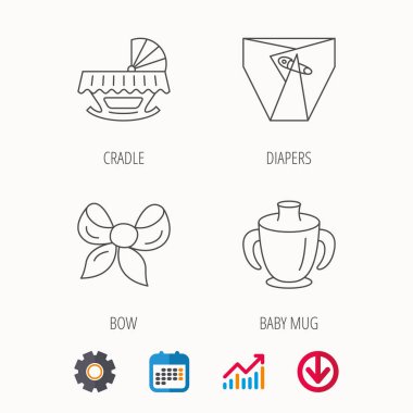 Bebek kupa, çocuk bezi ve beşik yatak simgeleri.