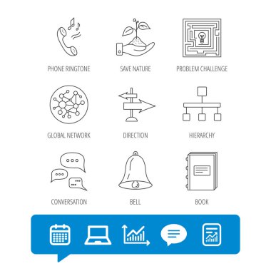 Konuşma, küresel ağ ve yön simgesi.