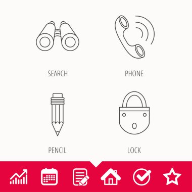 Telefon görüşmesi, kalem ve arama simgeleri.