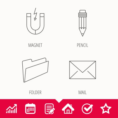 Klasör, kalem ve posta zarf simgeleri.