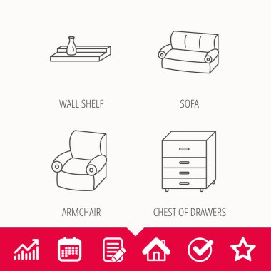 Kanepe, koltuk simgeler ve duvar raf.