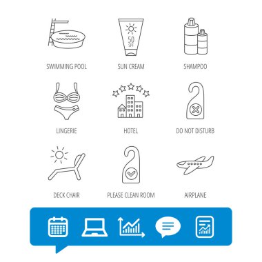 Otel, havuz ve plaj şezlong simgeler.