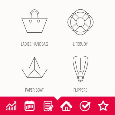 Kağıt tekne, palet ve lifebuoy simgeleri.