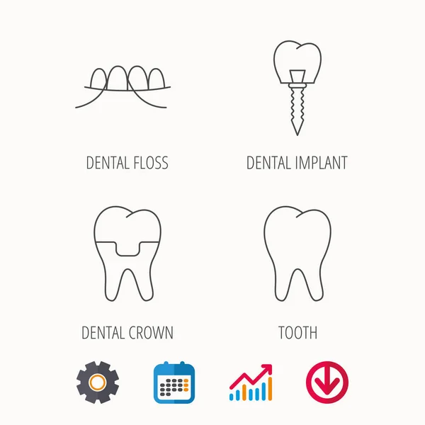 Dentala implantat, tandtråd och tand ikoner. — Stock vektor