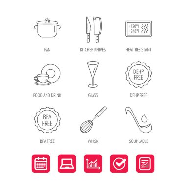 Mutfak bıçakları, cam ve pan simgeleri.