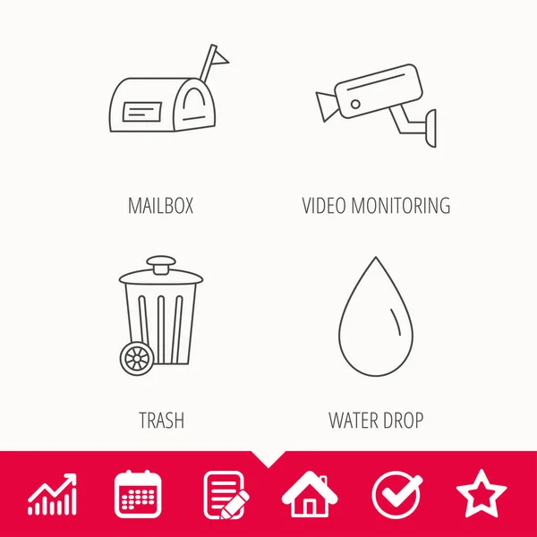 Buzón, monitoreo de video e iconos de gota de agua . — Vector de stock