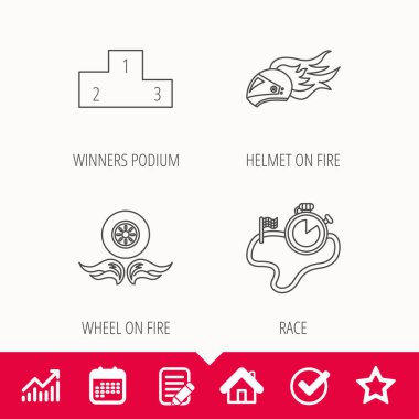 Kazanan podyum, yarış zamanlayıcı ve tekerlek üzerinde ateş.