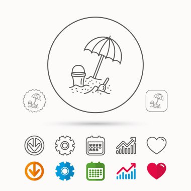 Plaj şemsiyesi kum simgesi. Kürekle kova.