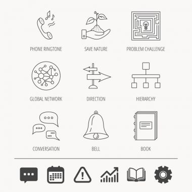 Konuşma, küresel ağ ve yön simgesi.