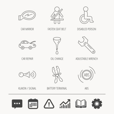 Araba ayna tamir, yağ değişim ve anahtarı simgeler.