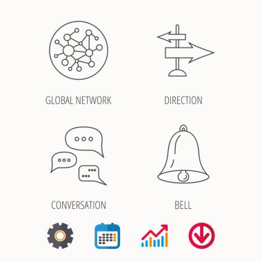 Konuşma, küresel ağ ve yön simgesi.