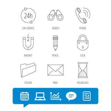 Telefon görüşmesi, kalem ve posta simgeleri.